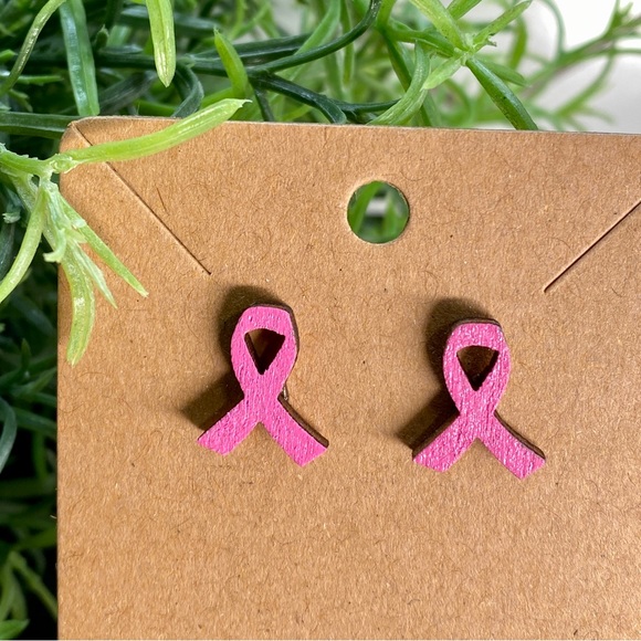 Hand Painted Pink Ribbon Breast Cancer Wood Stud Earrings - Picture 1 of 1